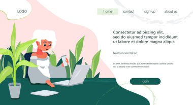 Beyaz arka planda merkez ofis çevrimiçi. İnternet sitesi ya da sosyal afiş için iniş sayfası, uzak bir iş yeri boşluğu, broşür, bilgi kartı, iş değişimi. Web şablonu veya bilgi sayfası. Düz stil stok vektör illüstrasyonu