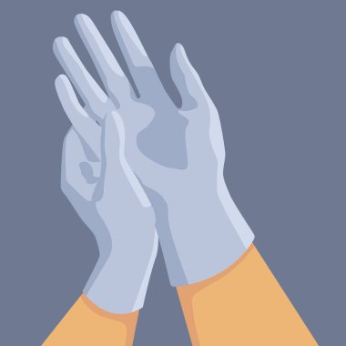 Gri arka plana cerrahi eldiven takıyorum. Sosyal afiş için cerrah lateks eldivenleri, web öğesi, sağlık hizmeti tanıtımı, tıbbi poster. Kimyager dükkanı logosu ya da bilgi kartı. Düz stil stok vektör illüstrasyonu