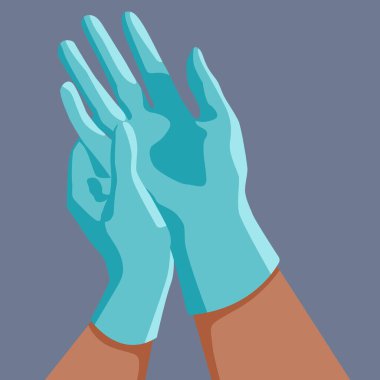 Gri arka plana cerrahi eldiven takıyorum. Sosyal afiş için cerrah lateks eldivenleri, web öğesi, sağlık hizmeti tanıtımı, tıbbi poster. Kimyager dükkanı logosu ya da bilgi kartı. Düz stil stok vektör illüstrasyonu