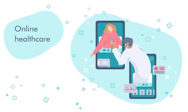 Mobil uygulama bilgi grafikleri mavi arkaplanda. Çevrimiçi sağlık hizmetleri sosyal afiş, web öğesi, sağlık hizmeti tanıtımı, tıbbi poster. Çevrimiçi kimyacı ya da bilgi kartı. Düz stil stok vektör illüstrasyonu