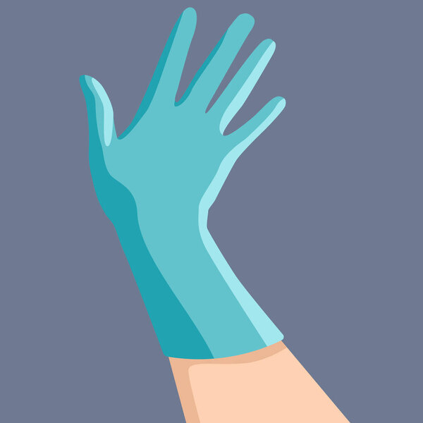 Hand in surgical glove on grey backdrop. Medical latex glove for social banner, web element, health care promo, medical poster. Chemist shop logo or info card. Flat style stock vector illustration