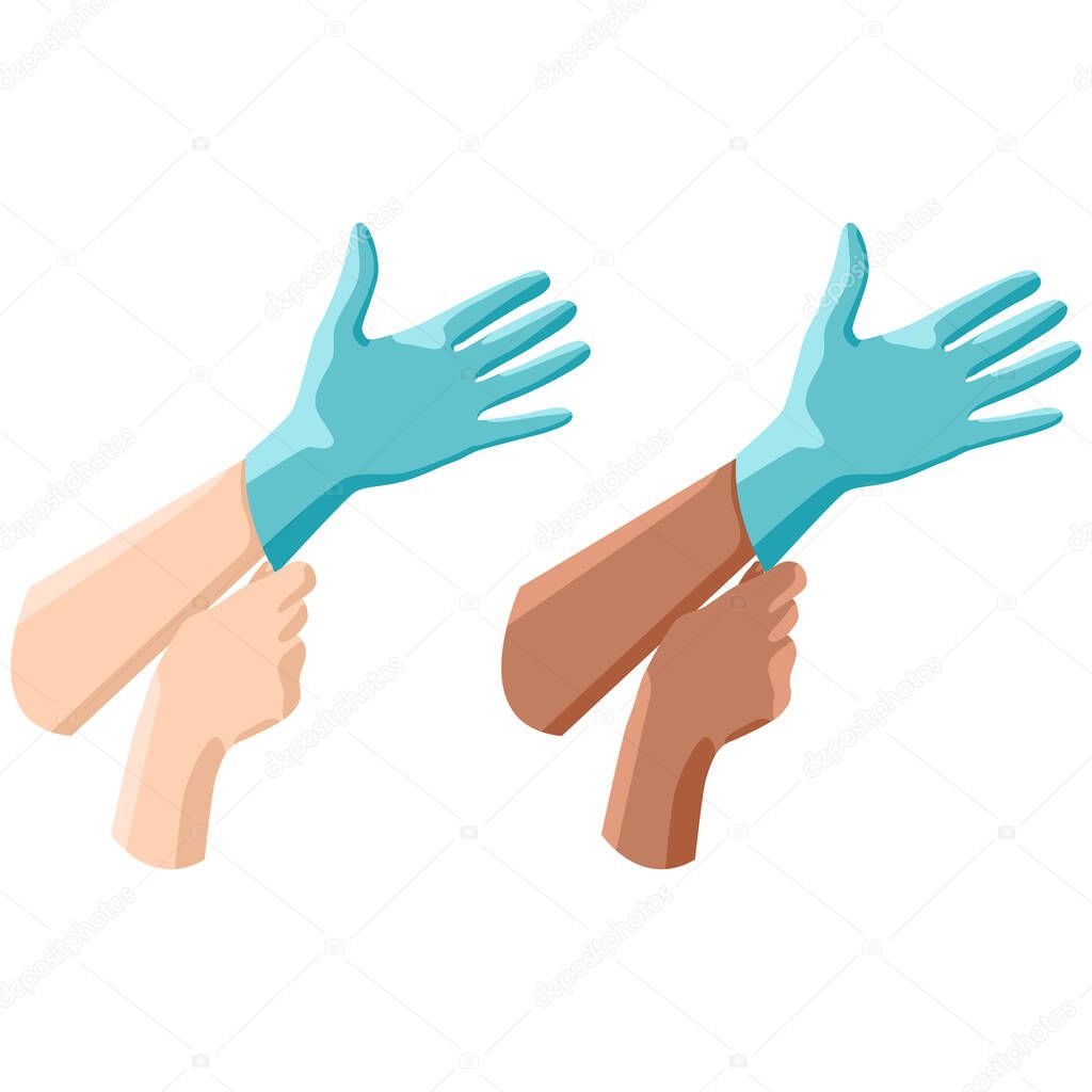 Putting surgical glove on white isolated backdrop. Latex gloves for social banner, web element, health care promo, medical poster. Chemist shop logo or info card. Flat style stock vector illustration