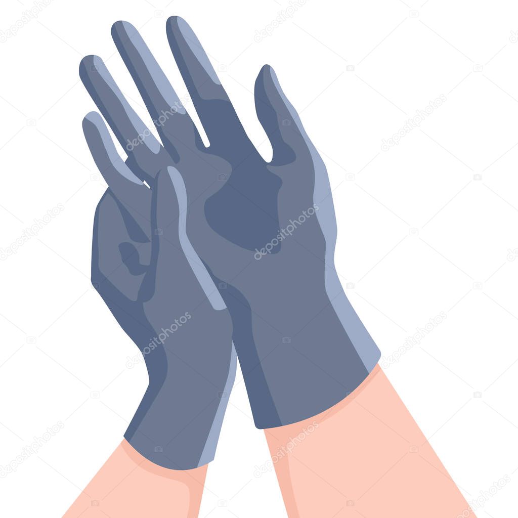 Putting surgical gloves on white isolated backdrop. Latex gloves for social banner, web element, health care promo, medical poster. Chemist shop logo or info card. Flat style stock vector illustration