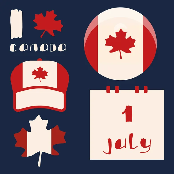 カナダの国旗とキャップはネイビーブルーを基調としています 招待状やギフトカード お土産店 ソーシャルバナー 休日のチラシのためのメープルリーフ 電話ケースや布のプリント フラットスタイルのストックベクトルイラスト — ストックベクタ