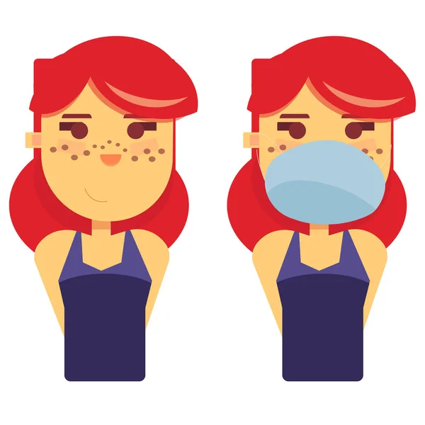 白い孤立した背景に赤毛の女の子 ソーシャルバナー 衛生宣伝 医療ポスターのためのマスクでヨーロッパの女性 ソーシャルネットワークのロゴや布のプリントアート フラットスタイルのストックベクトルイラスト — ストックベクタ
