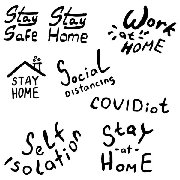 Ставьте дома текст на белом изолированном заднем плане. Самоизоляция социального баннера, медицинского или пропагандистского плаката, предупреждение в социальных сетях, инфо-карта, отпечаток ткани. Векторная иллюстрация минимального стиля
