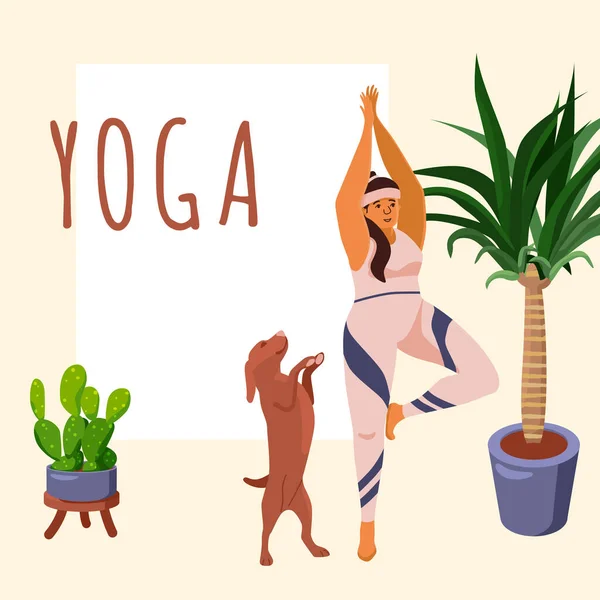 Yoga Workout Auf Gelbem Hintergrund Body Positive Mädchen Für Einen — Stockvektor