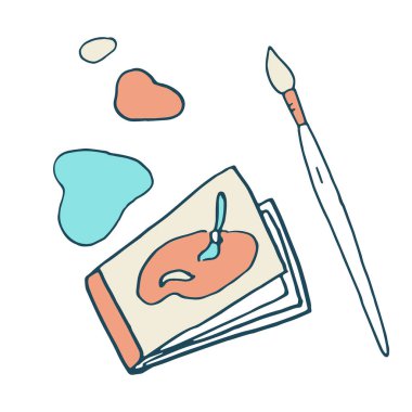 Taslak ve boya fırçası etiketi beyaz izole arka planda. Hediye kartı, defter, banyo fayansı, hatıra defteri için çizim aletleri. Telefon kılıfı ya da kumaş baskı sanatı. Doodle biçimi stok vektör çizimi