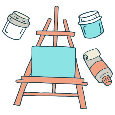 Beyaz izole arka planda Easel ve Boya etiketleri. Davetiye, hediye kartı, defter, banyo fayansı, hatıra defteri için çizim aracı. Telefon kılıfı ya da kumaş baskı sanatı. Doodle biçimi stok vektör çizimi