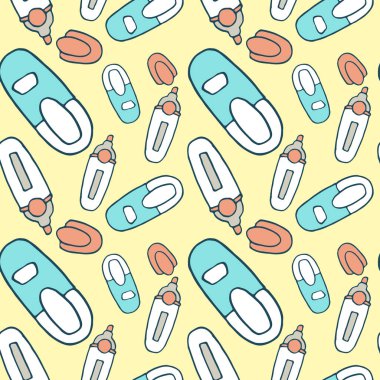 Sarı arka fonda keçeli kalem çizilmiş. Duvar kâğıdı, ambalaj kağıdı, karo, banyo fayansı, giysi ya da çarşaf kılıfı ya da bez parçası için pürüzsüz desen. Doodle biçimi stok vektör çizimi