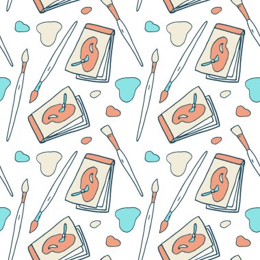 Çizim defteri ve beyaz arka plan üzerinde fırça. Duvar kâğıdı, ambalaj kağıdı, uyku kağıdı, banyo fayansı, giysi ya da çarşaf kılıfı telefon kılıfı ya da kumaş baskısı Doodle tarzı stok vektör çizimi için kırtasiyesiz desen