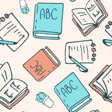 Planlayıcı ve günlük sarı arka planda. Duvar kâğıdı, ambalaj kağıdı, karo, banyo fayansı, giysi ya da çarşaf kılıfı ya da bez parçası için pürüzsüz desen. Doodle biçimi stok vektör çizimi