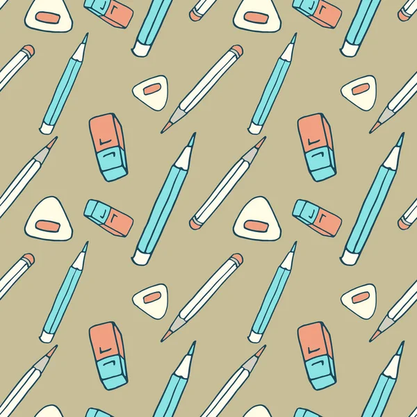 Yeşil arka planda silgi ve kalem. Duvar kâğıdı, ambalaj kağıdı, karo, banyo fayansı, giysi ya da çarşaf kılıfı ya da bez parçası için pürüzsüz desen. Doodle biçimi stok vektör çizimi