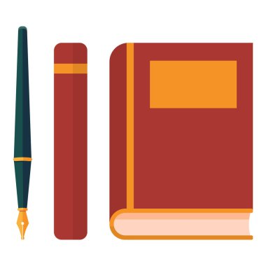 Beyaz izole arkaplana yapıştırılmış dolmakalem ve kitap etiketi. Davetiye ya da hediye kartı için ders kitabı, defter, banyo fayansı, defter. Telefon kılıfı ya da bez parçası. Düz stil stok vektör illüstrasyonu