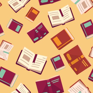 Sarı zemin üzerine ders kitapları. Duvar kâğıdı, ambalaj kağıdı, karo, banyo fayansı, giysi ya da çarşaf için pürüzsüz desen. Telefon kılıfı ya da bez parçası. Düz stil stok vektör illüstrasyonu