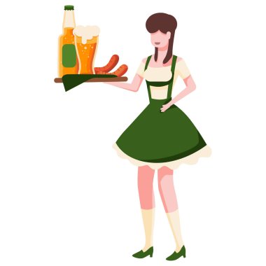 Beyaz izole arka plandaki Bavyeralı kız. Davetiye, hediye kartı, defter, bira barı logosu ve albüm için Ekim Festivali birası ve sosis. Telefon kılıfı ya da bez parçası. Düz stil stok vektör illüstrasyonu