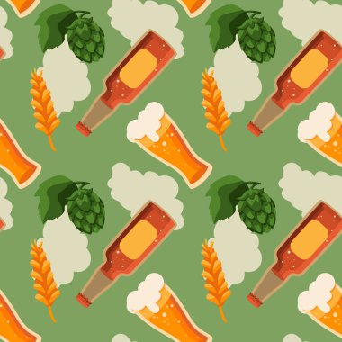 Bira şişesi, cam ve yeşil arka planda zıpla. Duvar kâğıdı, ambalaj kağıdı, karo, banyo fayansı, giysi ya da çarşaf için desensiz bira kalıbı. Çanta ya da kapüşonlu parmak izi. Düz stil stok vektör illüstrasyonu