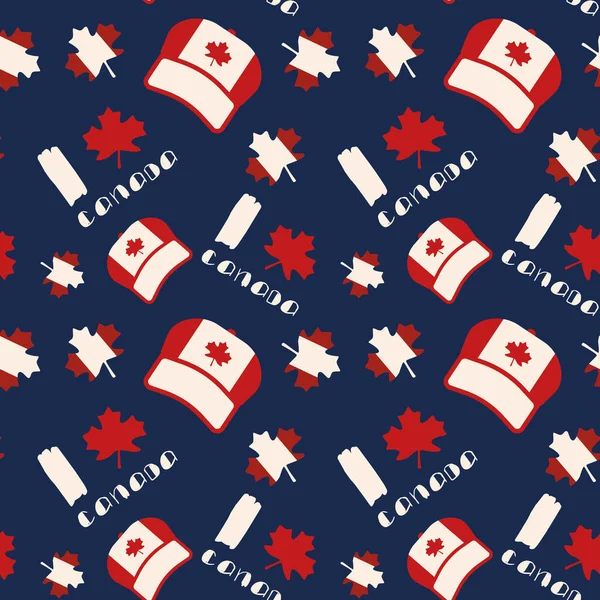 Bandera Canadiense Gorra Sobre Fondo Azul Patrón Sin Costura Hoja — Vector de stock