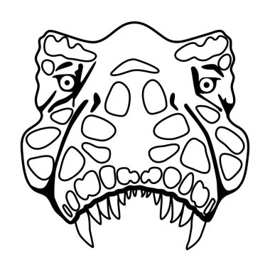 Tyrannosaur kafası beyaz izole arkaplanda. Hediye kartı için T-rex dino, sosyal ağ logosu, banyo fayansı, renk kitabı, çocuk defteri. Telefon kılıfı ya da kumaş baskı sanatı. Çizgi film biçimi stok vektör çizimi