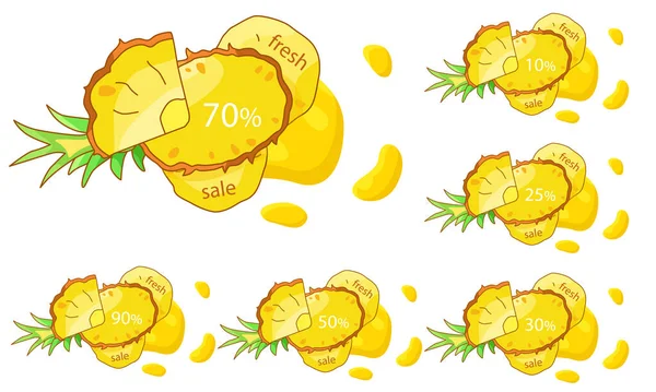 Pineapple Sale Label Sticker Set White Isolated Backdrop Discount Offer — Stock Vector