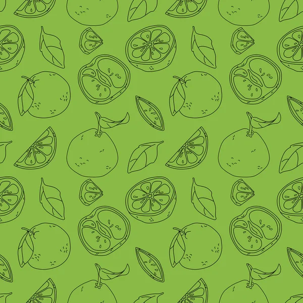 Toranja Linha Preta Fundo Verde Delinear Frutas Sem Costura Padrão — Vetor de Stock