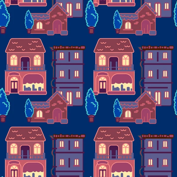 Multicolor night city view on navy blue backdrop. Neighborhood seamless pattern for wallpaper, wrap paper, bath tile or bed linen. Phone case or cloth print. Minimal style stock vector illustration