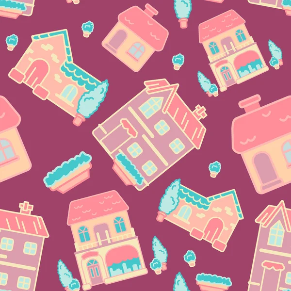 Elegante Huisjes Een Violette Achtergrond Stadshuis Naadloos Patroon Voor Behang — Stockvector