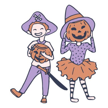 Cadılar Bayramı çocuklarının çıkartmaları beyaz izole arka planda. Davetiye, hediye kartı, defter, banyo fayansı, hatıra defteri için kostümler. Telefon kılıfı ya da kumaş baskı sanatı. Doodle biçimi stok vektör çizimi