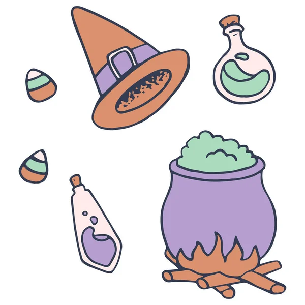 Cauldron Potion Bottles White Isolated Backdrop Witch Hat Invitation Gift — Stock Vector