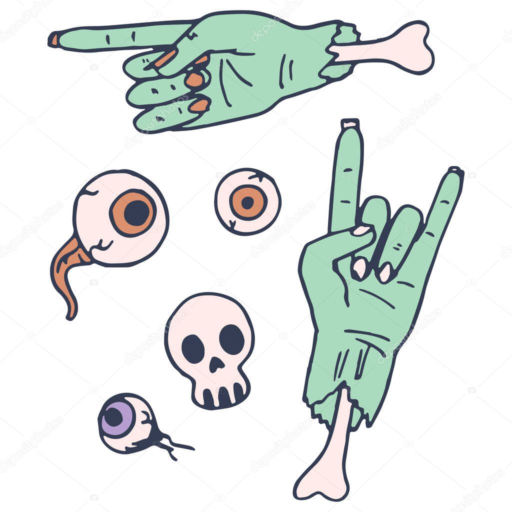 Green zombie hand on white isolated backdrop. Skull and eyeballs for invitation or gift card, notebook, bath tile, scrapbook. Phone case or cloth print art. Doodle style stock vector illustration