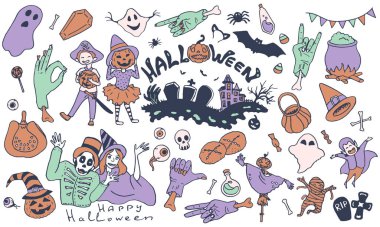 Cadılar Bayramı çıkartması beyaz izole arka planda. Davetiye, hediye kartı, defter, fayans, albüm için ürkütücü semboller. Telefon kılıfı ya da kumaş baskı sanatı. Doodle biçimi stok vektör çizimi