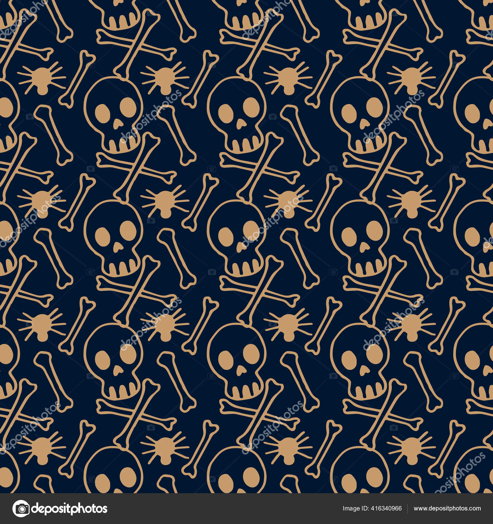 骷髅和骨骼在海军蓝色的背景万圣节无缝图案墙纸包装纸衣服或床单电话箱或布纹Doodle风格的股票矢量插图图库矢量图©Saltwort 416340966, image size:1600x1700