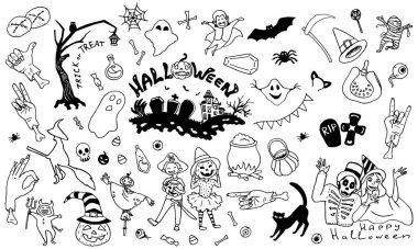 Cadılar Bayramı simgesi beyaz izole arkaplana ayarlandı. Davetiye, hediye kartı, defter, fayans, albüm için ürkütücü semboller. Telefon kılıfı ya da kumaş baskı sanatı. Doodle biçimi stok vektör çizimi