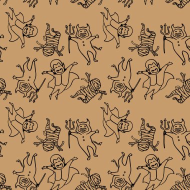 Bej arka planda Cadılar Bayramı kostümleri. Duvar kağıdı, ambalaj kağıdı, karo, banyo fayansı, giysi ya da çarşaf kılıfı ya da bez baskı için kusursuz desenler. Doodle biçimi stok vektör çizimi