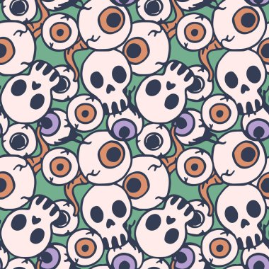 Kafatası ve göz küreleri yeşil arka planda. Duvar kâğıdı, ambalaj kağıdı, uyuyan fayans, giysi ya da çarşaf kılıfı ya da bez baskı için kusursuz bir Cadılar Bayramı deseni. Doodle biçimi stok vektör çizimi