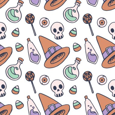 İksir şişesi, beyaz zemin üzerinde şeker. Duvar kâğıdı, ambalaj kağıdı, uyuyan fayans, giysi ya da çarşaf kılıfı ya da bez baskı için kusursuz bir Cadılar Bayramı deseni. Doodle biçimi stok vektör çizimi