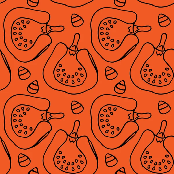 オレンジを背景にハロウィンカボチャ ラップ紙 ベッド バスタイル アパレルやベッドリネンのための休日シームレスパターン電話ケースや布プリント ドードルスタイルのストックベクトルイラスト — ストックベクタ