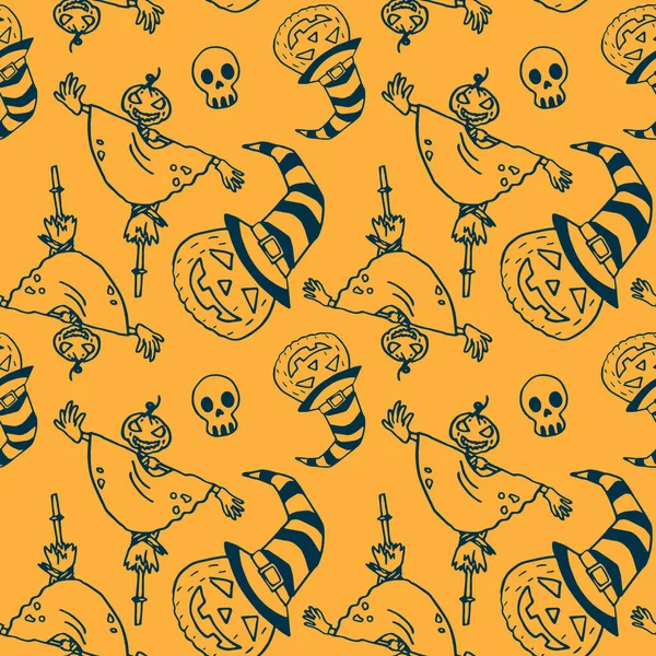 Pumpkin Jack Espantapájaros Sobre Fondo Amarillo Patrón Sin Costuras Halloween — Archivo Imágenes Vectoriales