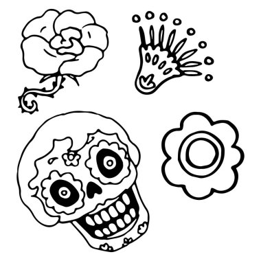 Beyaz izole fon üzerinde Calavera kafatası. Davetiye, hediye kartı, defter, fayans, albüm için Noel Baba Muerte sembolü. Telefon kılıfı ya da kumaş baskı sanatı. Doodle biçimi stok vektör çizimi
