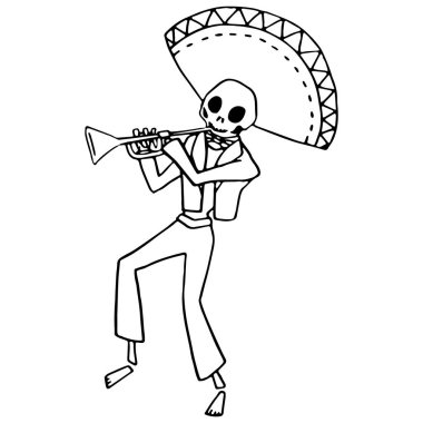 Beyaz izole arkaplanda iskelet trompetçi. Davetiye ya da hediye kartı, defter, banyo fayansı, hatıra defteri telefon kılıfı ya da kumaş desenli hisse senleri çizimi için ölü sembolün olduğu gün