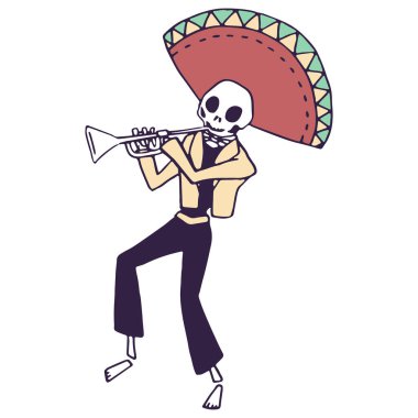 Beyaz izole arkaplanda iskelet trompetçi. Davetiye ya da hediye kartı, defter, banyo fayansı, hatıra defteri telefon kılıfı ya da kumaş desenli hisse senleri çizimi için ölü sembolün olduğu gün