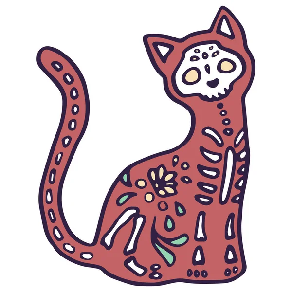 红色的部落猫纹身在白色孤立的背景 请柬或礼品卡 笔记本 浴室瓷砖 剪贴簿 电话箱或布印刷的死亡日标志 — 图库矢量图片