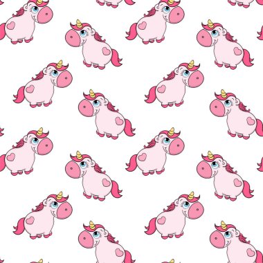 Tek boynuzlu at şirin, kusursuz desenli vektör çizimi. El yapımı tek boynuzlu at. Karikatür çizimi desen tasarımı, çocuk tişörtü baskısı, kumaş baskısı 