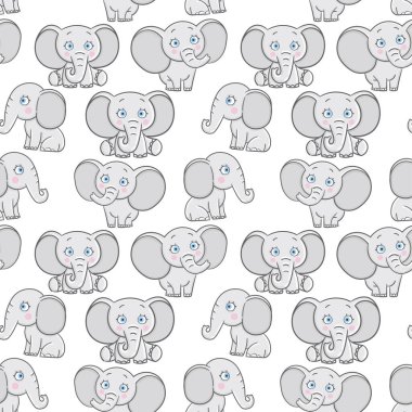 Fil sevimli, kusursuz desenli vektör çizimi. El yapımı fil. Karikatür çizimi desen tasarımı, çocuk tişörtü baskısı, kumaş baskısı 