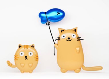 Kedi yavrusu ve balon balıklı çok tatlı bir kedi. Çizgi film tarzı. Hayvan yaban hayatı. Kedi yavrusu 3 boyutlu illüstrasyon.