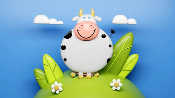 Funny smiling cow on a green grass lawn with flowers and trees under a blue sky with white clouds. Animal wildlife cartoon character. 3d illustration.