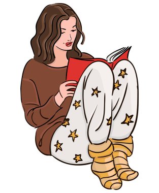 Genç kız oturuyor. Hygge. Düz çizgi film tarzında renkli vektör illüstrasyonu.