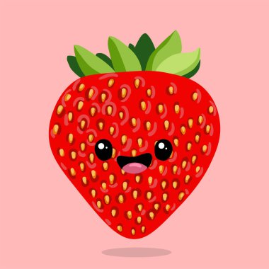 Şirin çilek çıkartması. Vektör çizimi. Karakter çizgi filmi. Kawaii çizgi filmi Emoji. Tatlı meyve vektörü karakteri