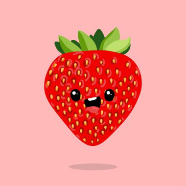 Şirin çilek çıkartması. Vektör çizimi. Karakter çizgi filmi. Kawaii çizgi filmi Emoji. Tatlı meyve vektörü karakteri