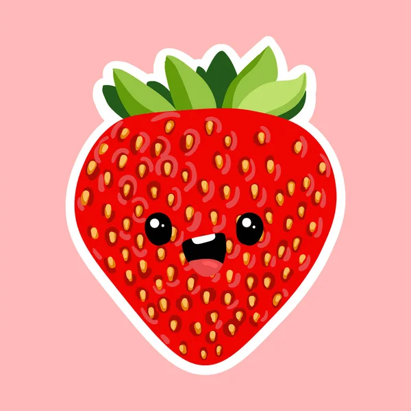 Stiker strawberry yang lucu. Vektor gambar sketsa. Kartun Karakter. Kartun Kawaii Emoji. Karakter vektor buah lucu - Stok Vektor